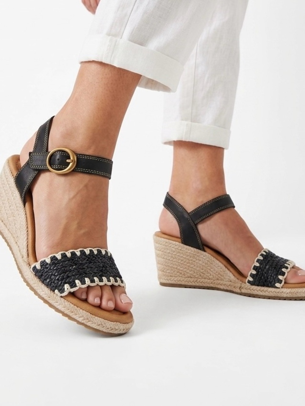 Sofft Inez Black Woven Leather Espadrille Wedge Sandals Size 10 Whipstitch